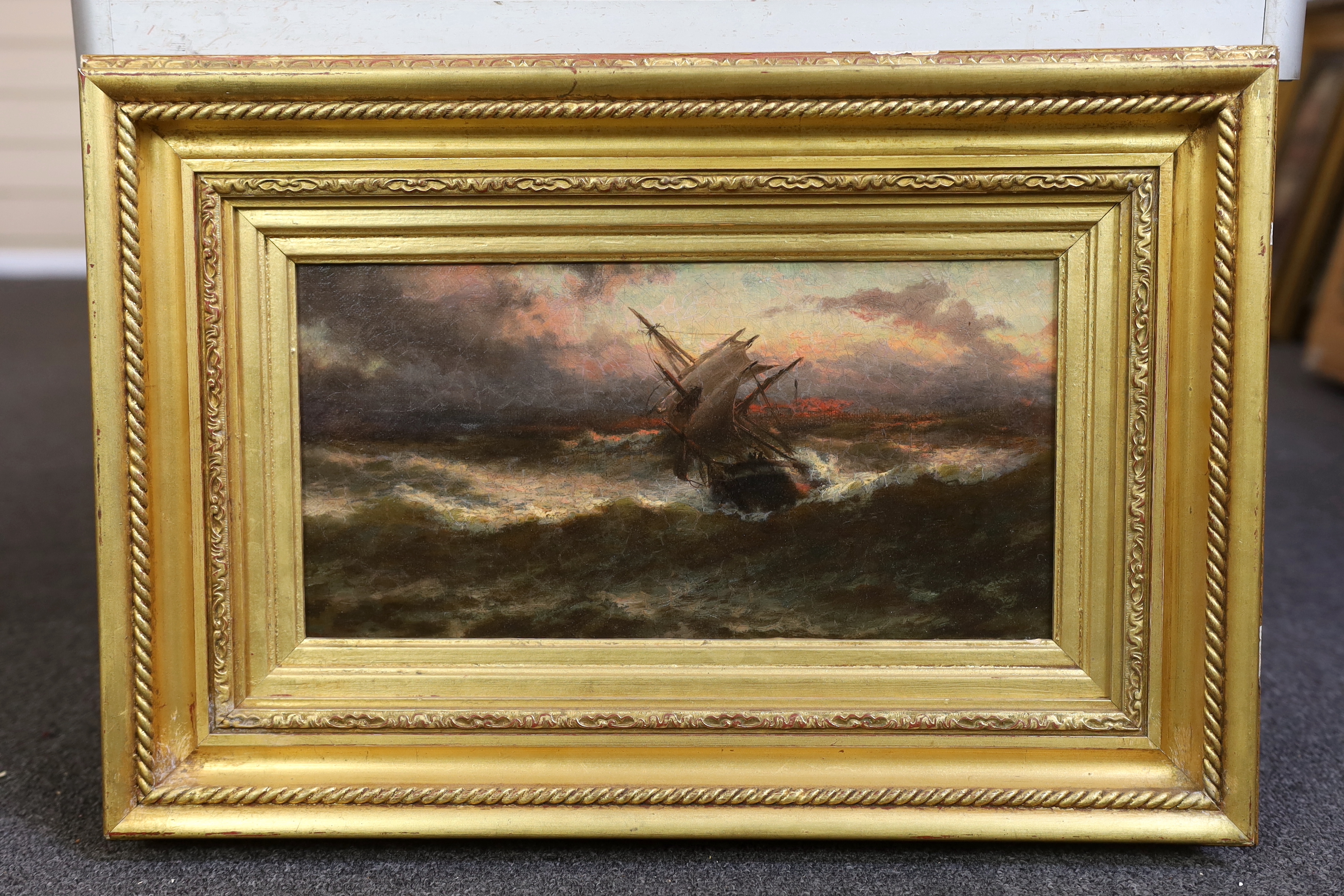 Thomas Rose Miles (British, 1844-1916), Ship in a rough sea at sunset, oil on canvas, 20.5 x 40.5cm